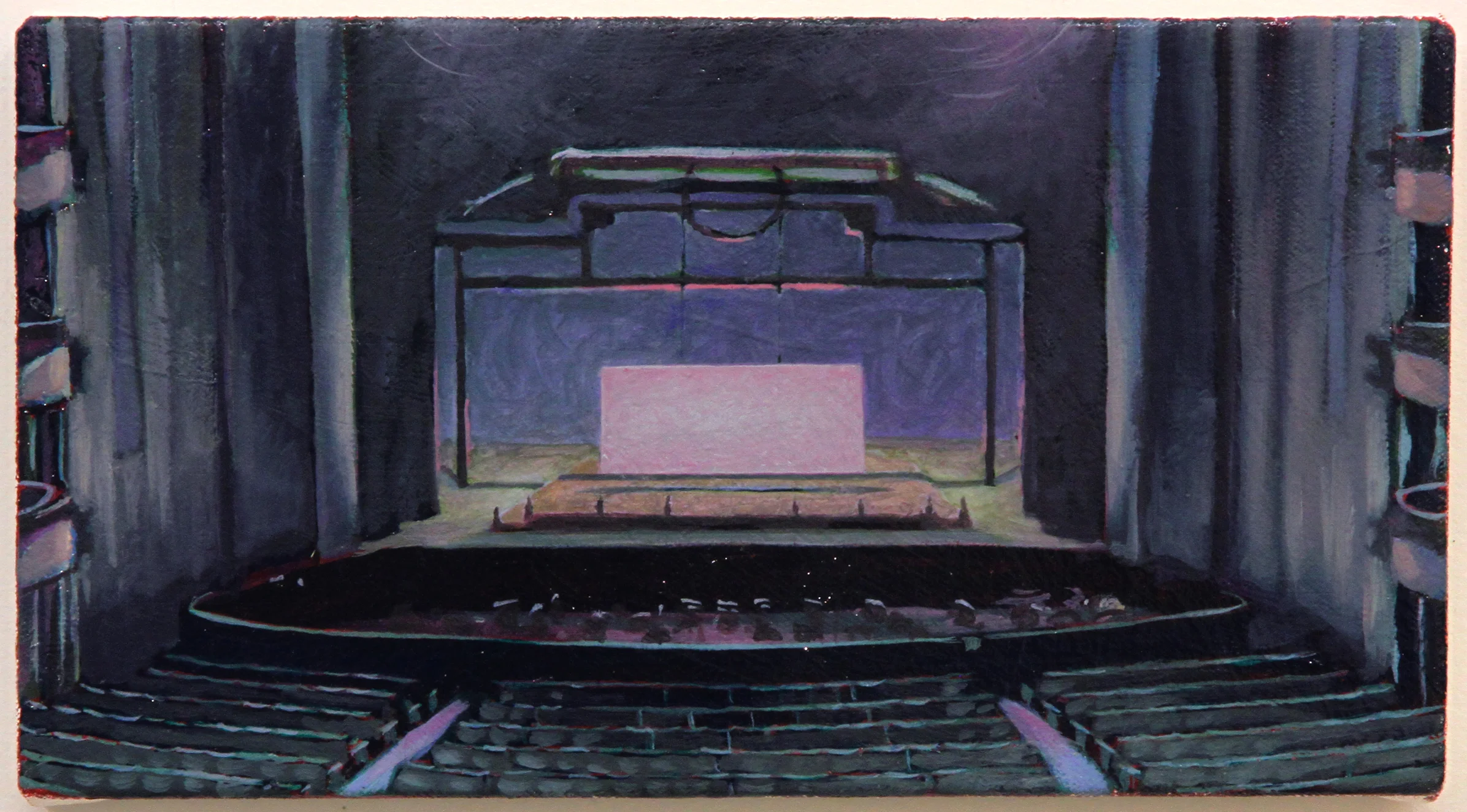  A screen lowered onto a stage, 2013, oil on canvas, 6 x 11 in. 