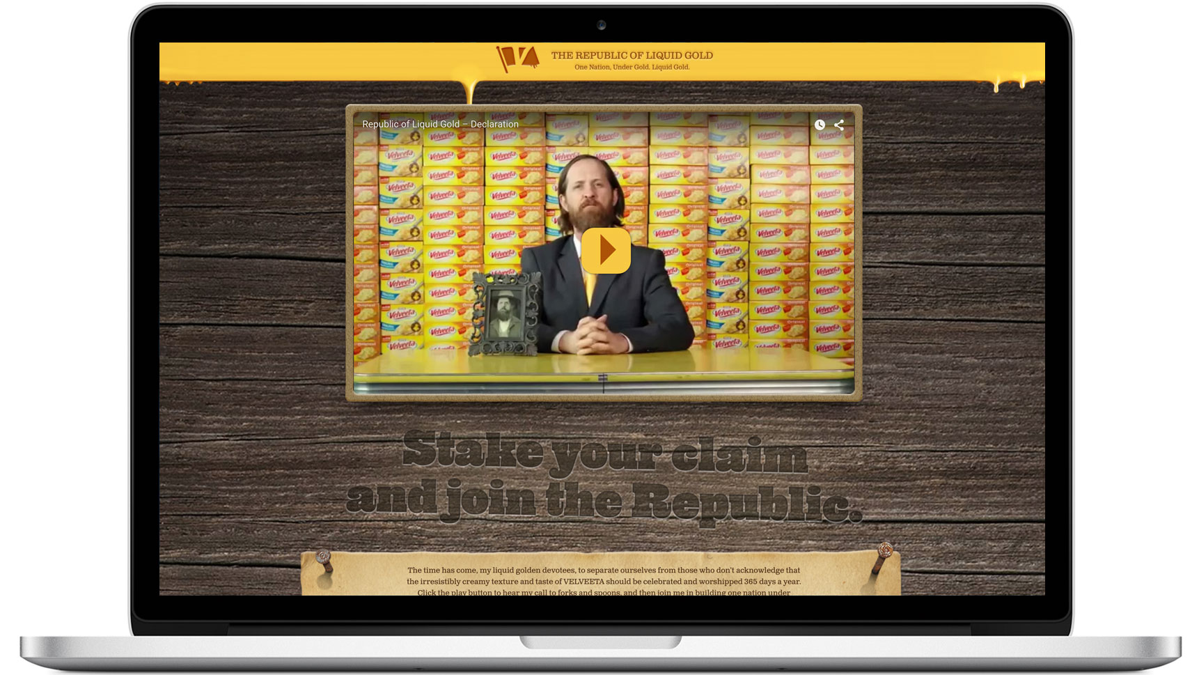  Sheldon welcomed Velveeta lovers to the site and invited them to stake their claim in the micronation. 