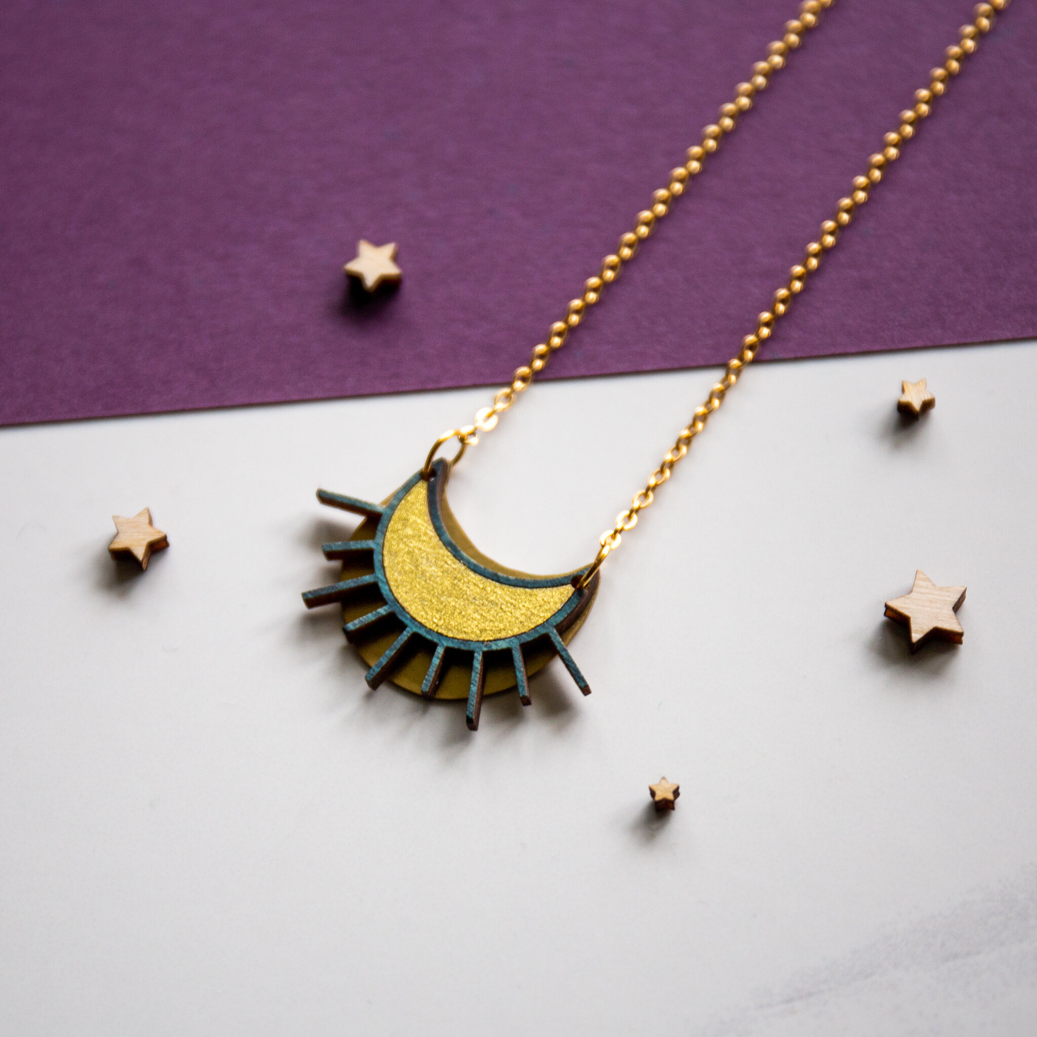 Celestial Sun Necklace - Laser Cut Wood and Hand Cut Brass - Peach Plot —  Peach Plot | Laser Cut Wood and Paper Gifts
