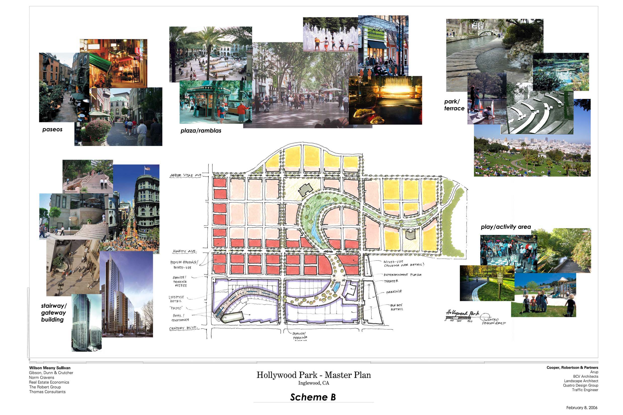 In addition to providing a means of connection and valuable open space, this element traverses the site topography and serves as a seasonal “arroyo” to handle stormwater in a sustainable manner. Each segment of the park will have a social anchor such as a school or community center to further the notion of the arroyo as a social spine as well. In addition to a great variety of housing types, the project will be a regional shopping destination with a hotel and casino.
