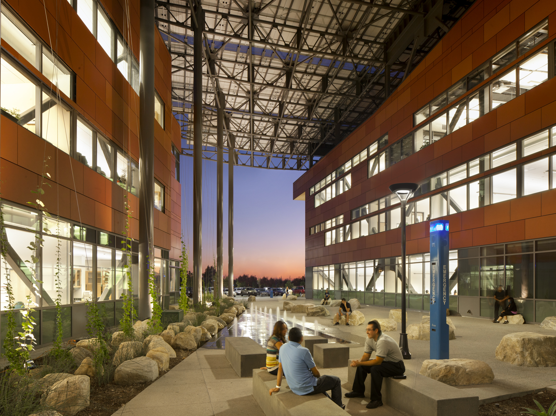 Located just east of Mission College’s Main Campus, a landscaped plaza serves as a welcoming mat at the terminus of the main access road. Adjacent to which, an amphitheater is carved between the two buildings that frame the view to the canyon.
