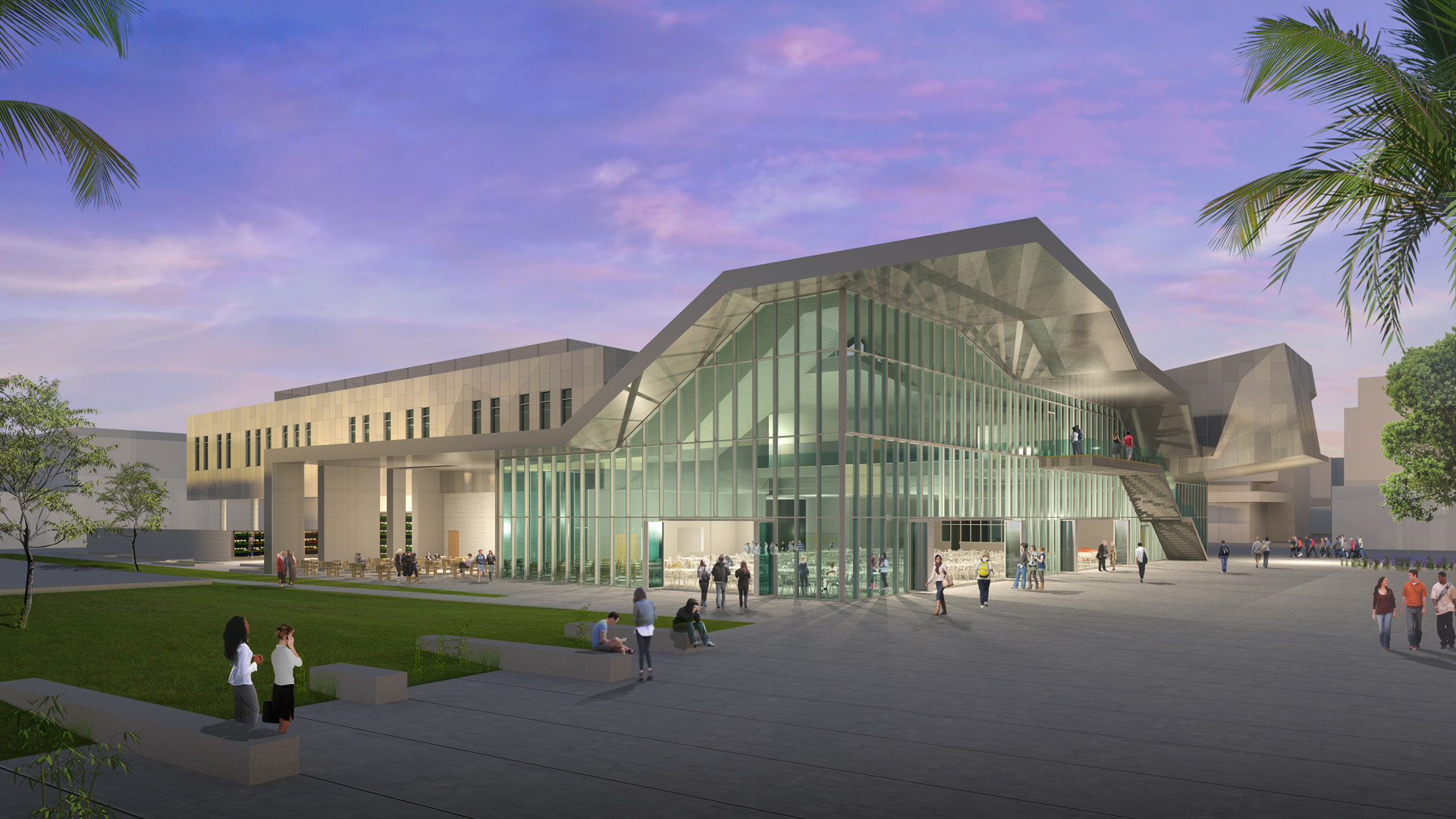 Another key design objective of the project was for the daily operations of the culinary program to serve as a showcase for the broader campus community. The main level contains the functions that most heavily engage the campus community on a daily basis and includes the ASO, lounge and dining facilities. Each are highly visible spaces that straddle the main pedestrian thoroughfares of the campus. Generous building overhangs combined with openable window walls, will provide program integration with outdoor areas when desired. The adjacent plaza created by the location of the building will also be able to house major campus and community events. The upper level will include instructional labs, lockers, the general education classrooms, faculty offices. This level will be open to the areas below via a series of mezzanines to provide a strong visual and functional connection between the two levels. The roof will be a combination of flat areas to accommodate the large amount of equipment necessary for the building and the light reflectance needed for LEED points as well as a highly expressive folding ribbon that wraps the building in a way to tie together the disparate building functions and integrate this building into the surrounding campus context.