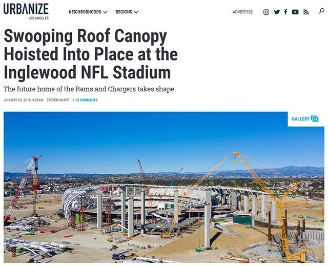 Check out the latest #constructionprogress on the #LAstadium in #Inglewood, courtesy of @urbanize.la with photos by @construct.la Link in bio, or copy: https://urbanize.la/post/swooping-roof-canopy-hoisted-place-inglewood-nfl-Stadium #NFL #Rams #LAra