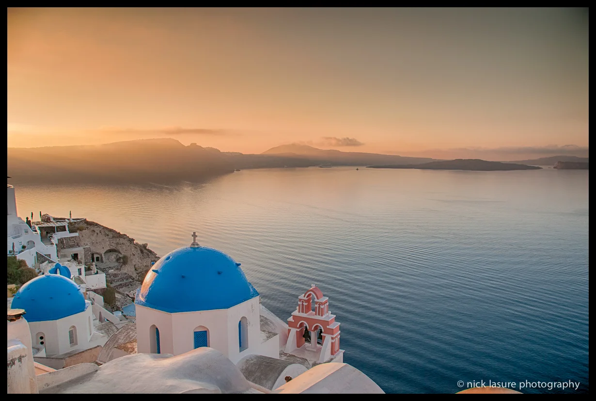 A classic view of Santorini in the early morning.