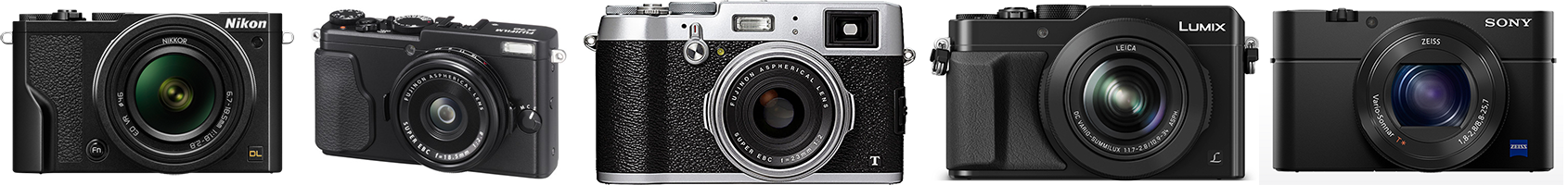 The 5 choices left to right - Nikon DL 18-50, Fuji X70, Fuji X100T, Lumix DMC-LX100 & Sony RX100 IV. Photo credits to respective manufactures.