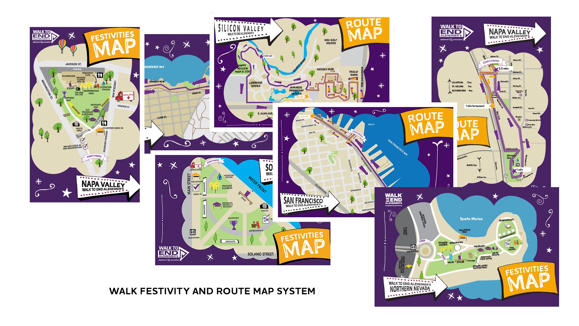   Title:&nbsp; Walk ro End Alzheimer’s® Map System  Roles:  Concept, Icon and Map Design  Tools:&nbsp; Adobe Illustrator and InDesign, Traditional Sketching 