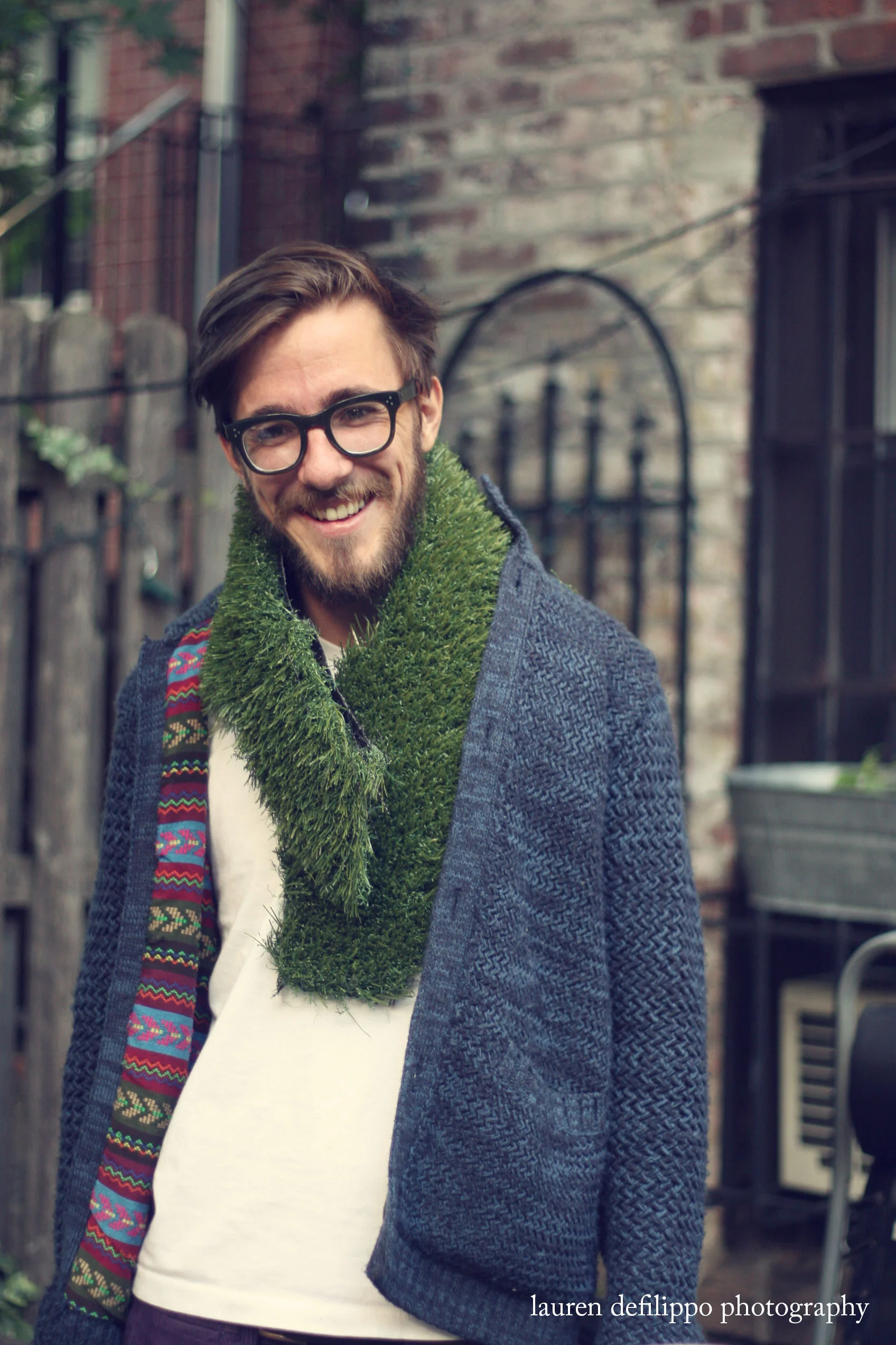 My amazing, if ridiculous friend Moritz—donning astro turf from his backyard as a scarf.