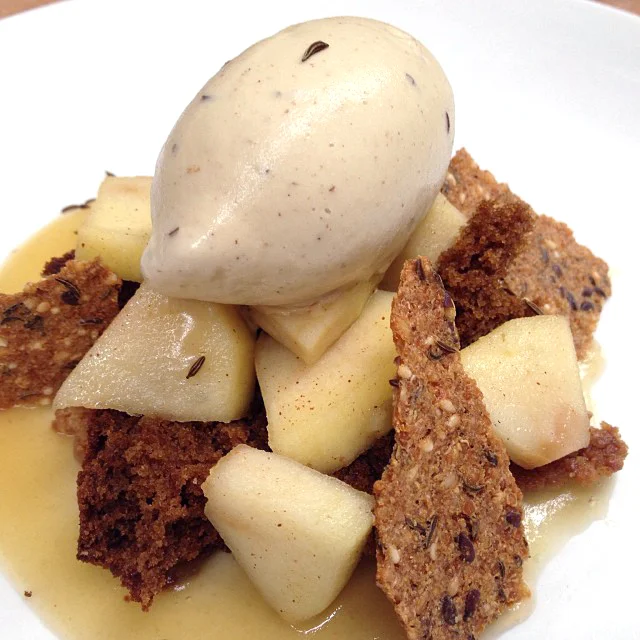 Cider poached apples with spice cake and caraway