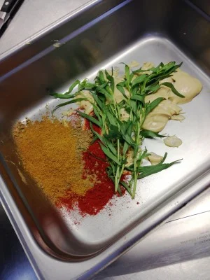 Layers of flavor: ground cumin, paprika, tarragon, mustard