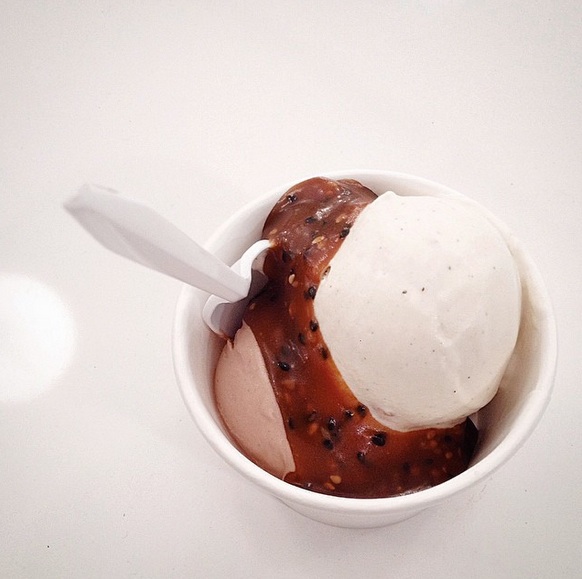 Salt + pepper pine nut, szechuan peppercorn chocolate and sesame caramel sauce—Morgenstern's