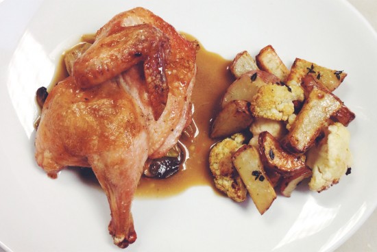 A “market basket” trial run: half poussin with roasted potatoes, cauliflower, porcini ragout and pan sauce