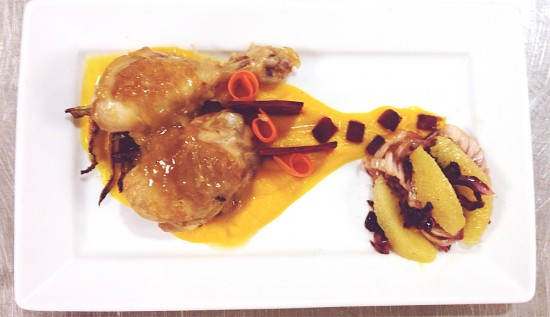 My “market basket” exam: braised chicken with orange/squash puree, roasted and raw beets, carrot ribbons, stewed radicchio, pan sauce.
