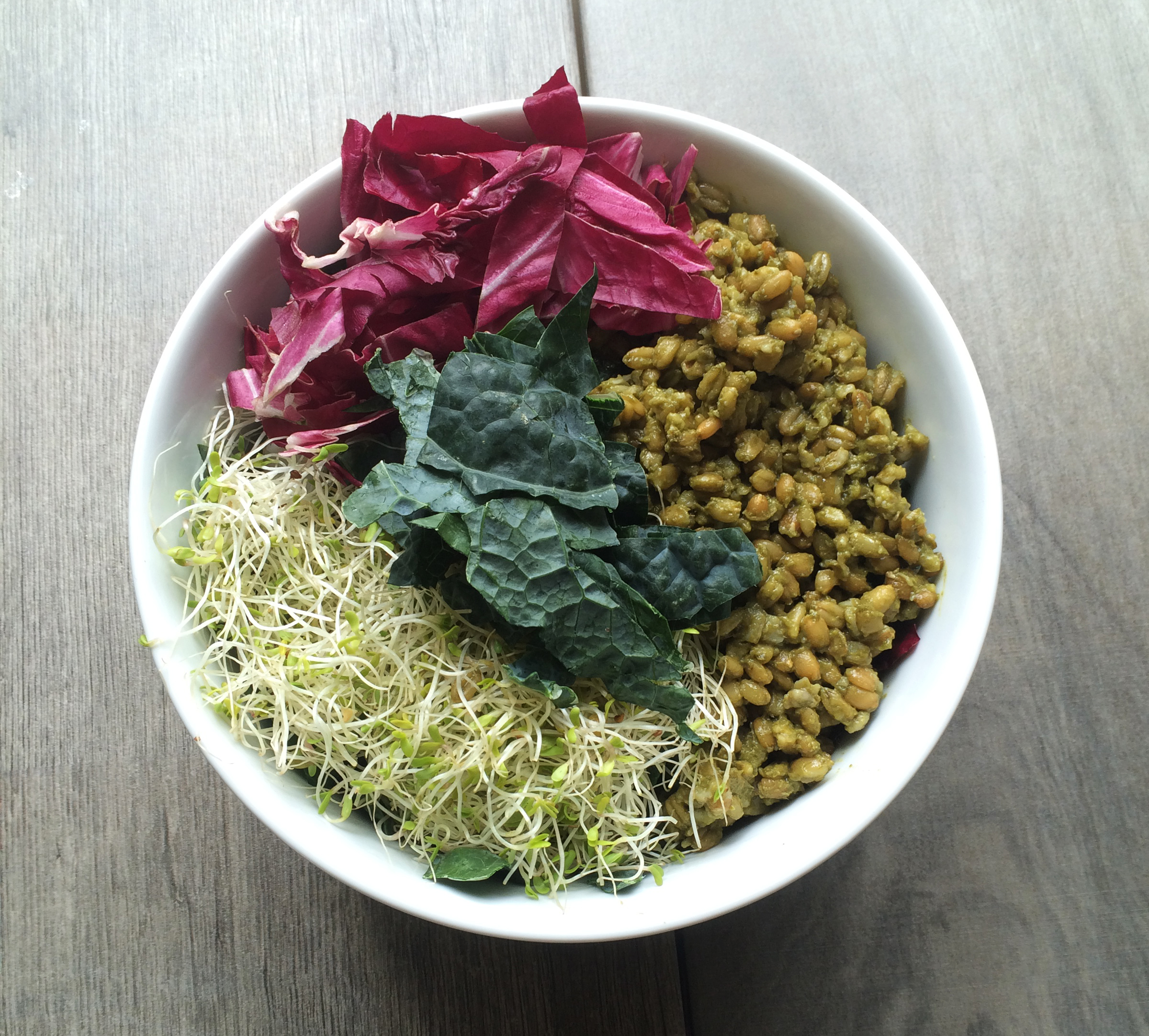 "Greened Grains" in a rice bowl—freekeh cooked in a sorrel/ramp broth