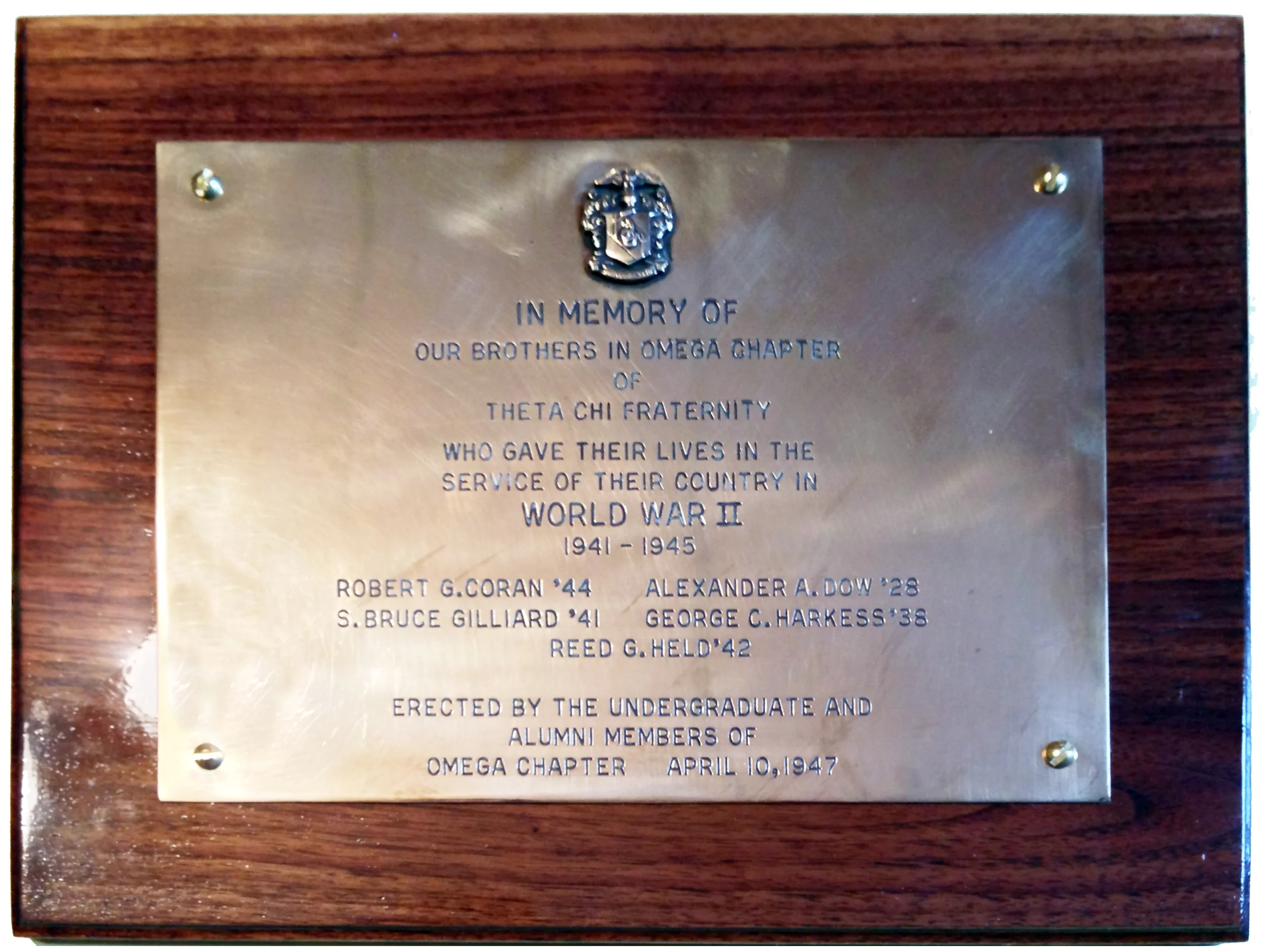 Plaque honoring those brothers that gave their lives during World War II - Robert Coran, Alexander Dow, S. Bruce Gilliard, George Karkness and Reed Held - Dedicated on April 10, 1947 Click here to see more