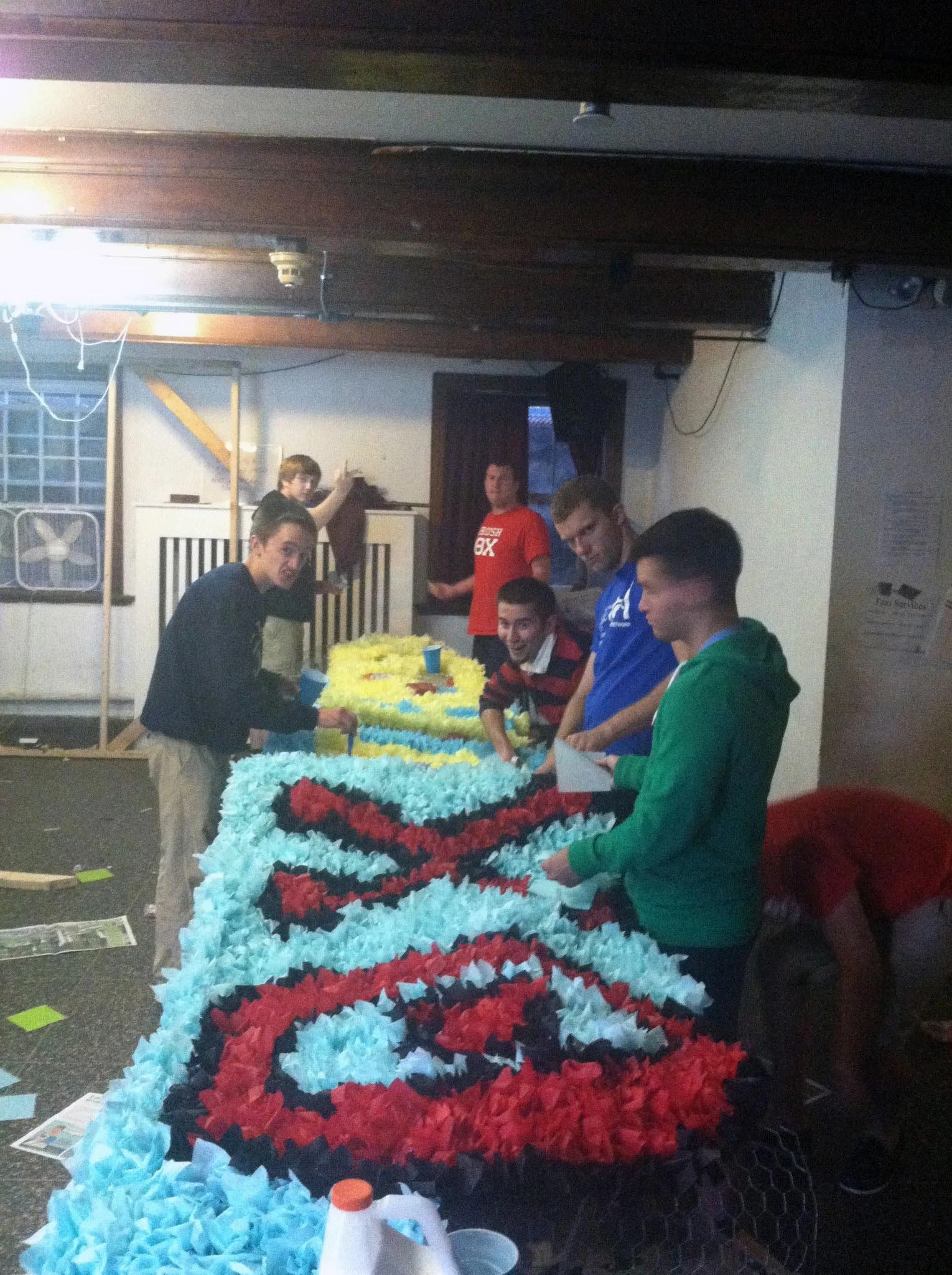 Homecoming 2013 preparations begin with float building - L to R: Sean McCrea, Nick Stadtlander, Jerry Douglas Crompton, Sam Kulp, Brandon Nicklas and Greg Black - Oct. 8, 2013