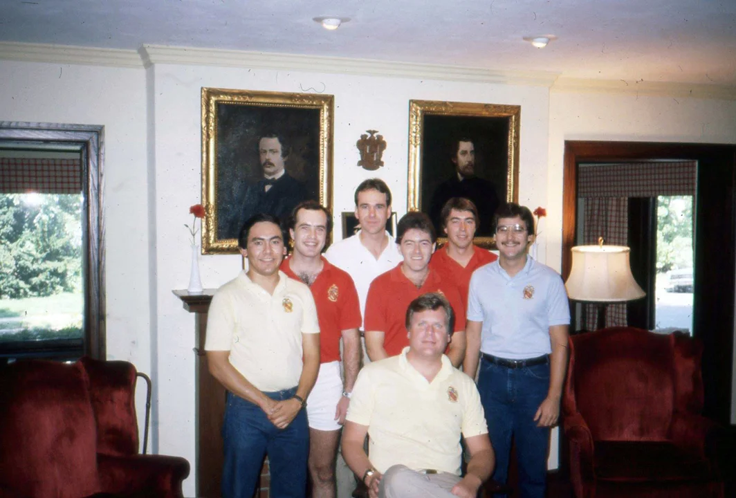 Behind Dale Slivinske - Frank Mesa (Gamma Nu/New Mexico State), Mark Boyd (Sigma/Oregon State), Joe Clack (Eta Sigma/Arkansas Tech), Ron Kibbe (Eta Zeta/Edinboro), Gary Hicks (Omega/Penn State) and Steve Leist (Alpha Tau/Ohio) - circa 1982