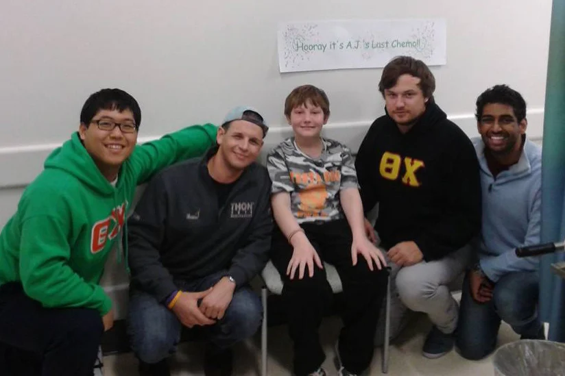 L to R: Danny LIm, John Boston, AJ Bobby, Sam Shively and Niral Pokal - AJ on his last day of chemotherapy at the Penn State Hershey Children's Hospital- Nov. 19, 2013