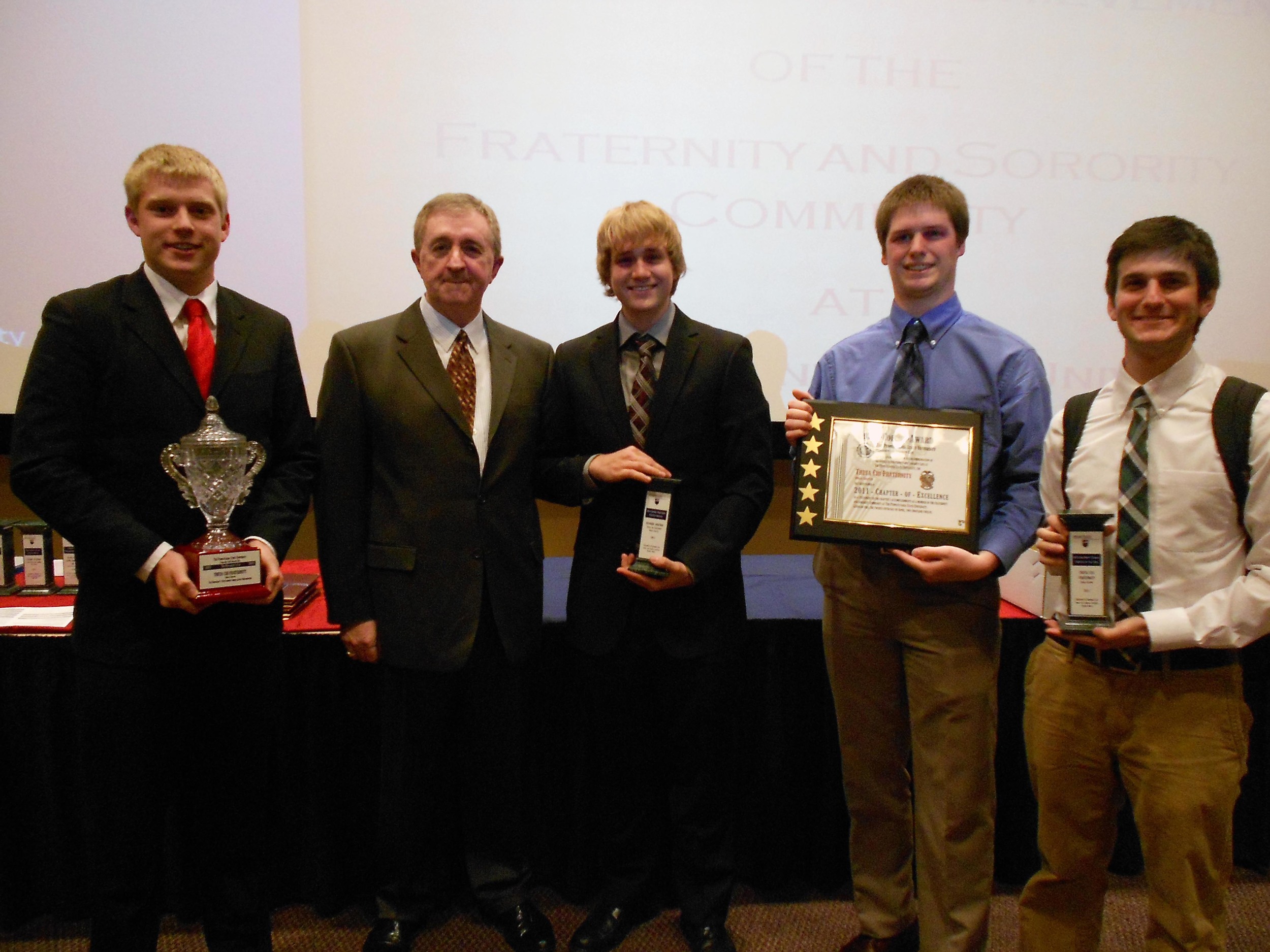  L to R: Kevin Trippel, Dr. Roy Baker (Director of Office of Fraternity and Sorority Life), Aaron Speagle, Ian Maxwell, and Nick Lello
2011 Greek Column Awards 