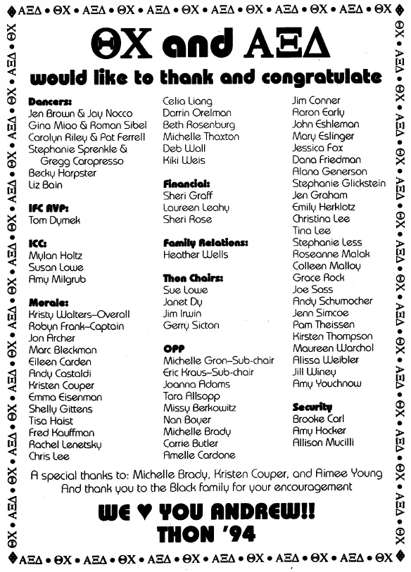 Daily Collegian Ad thanking and congratulating the Theta Chi and Alpha Xi Delta particaptants in THON 1994