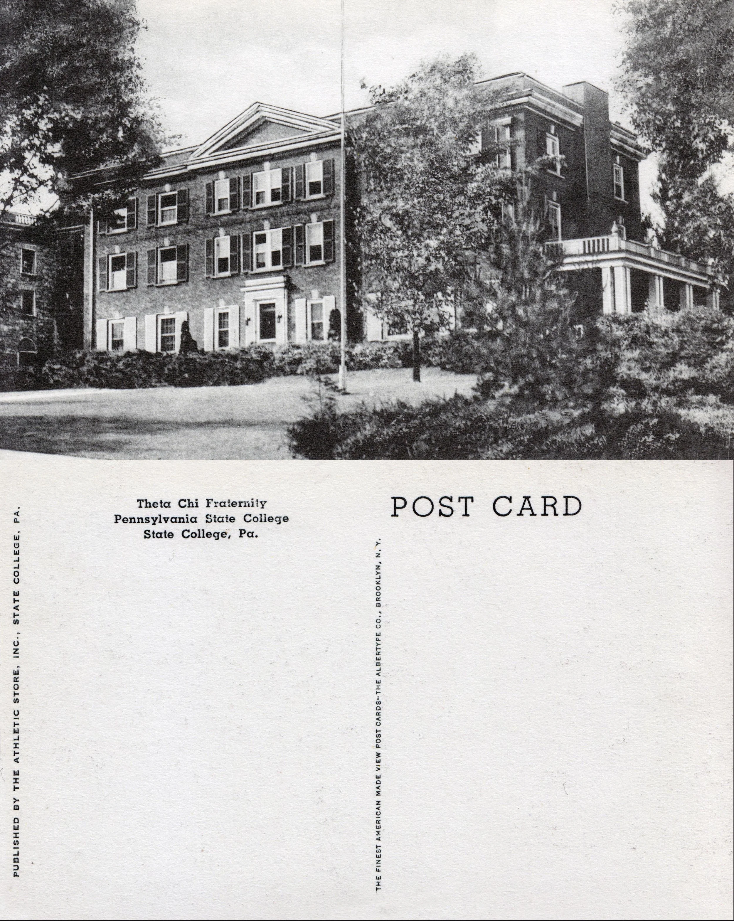 Omega Chapter of Theta Chi - Postcard circa the 1930's - Front of postcard (top) and back of postcard (bottom)