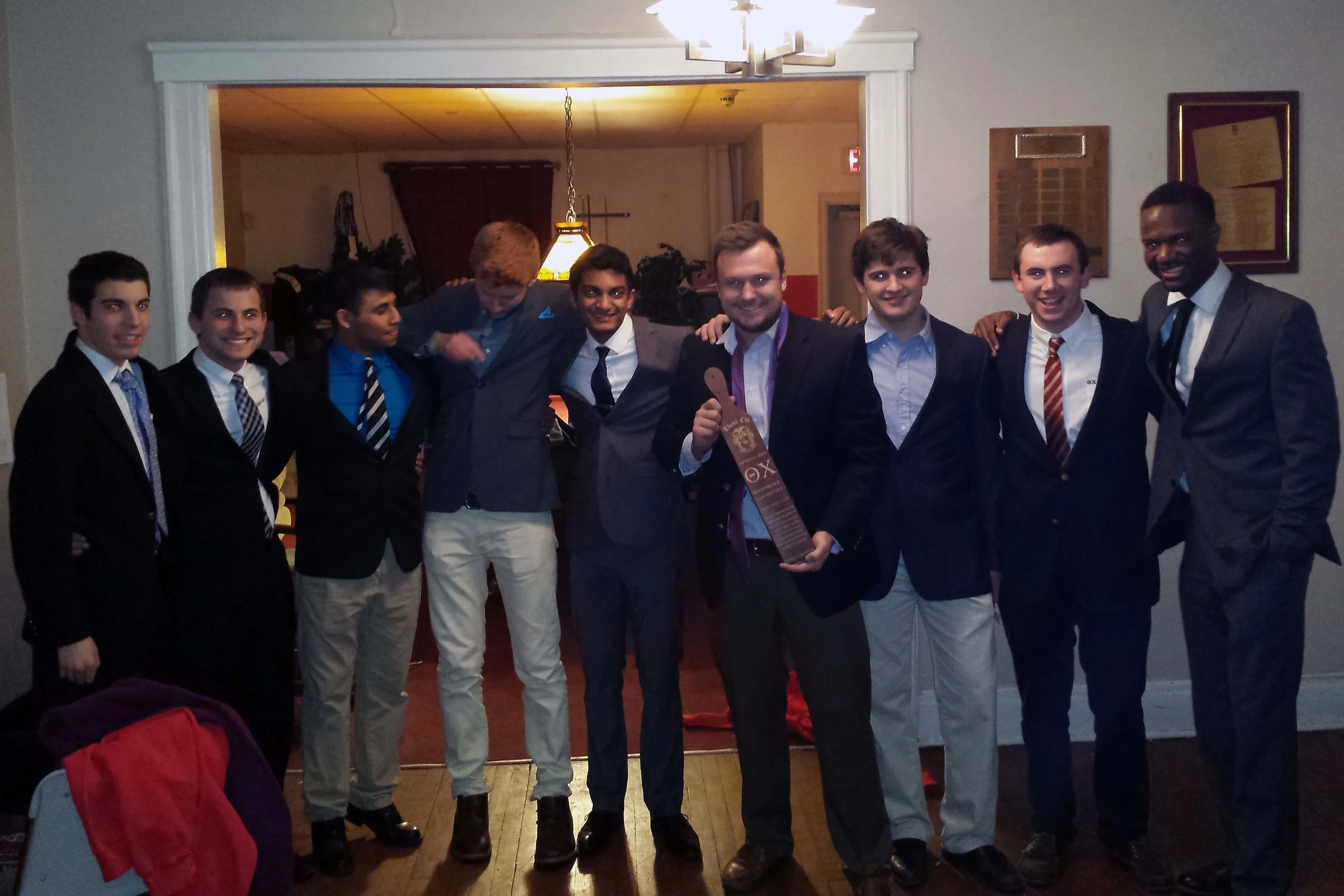 Spring 2015 Initiation - L to R: Chris Silverwood, Steve Hatten, Milton Rahman, Matt Birkbeck, Neel Parikh, Sam Shively (Marshal), Tim Gregory, John Broderick (Assistant Marshal), Oduwa Pat-Osagie