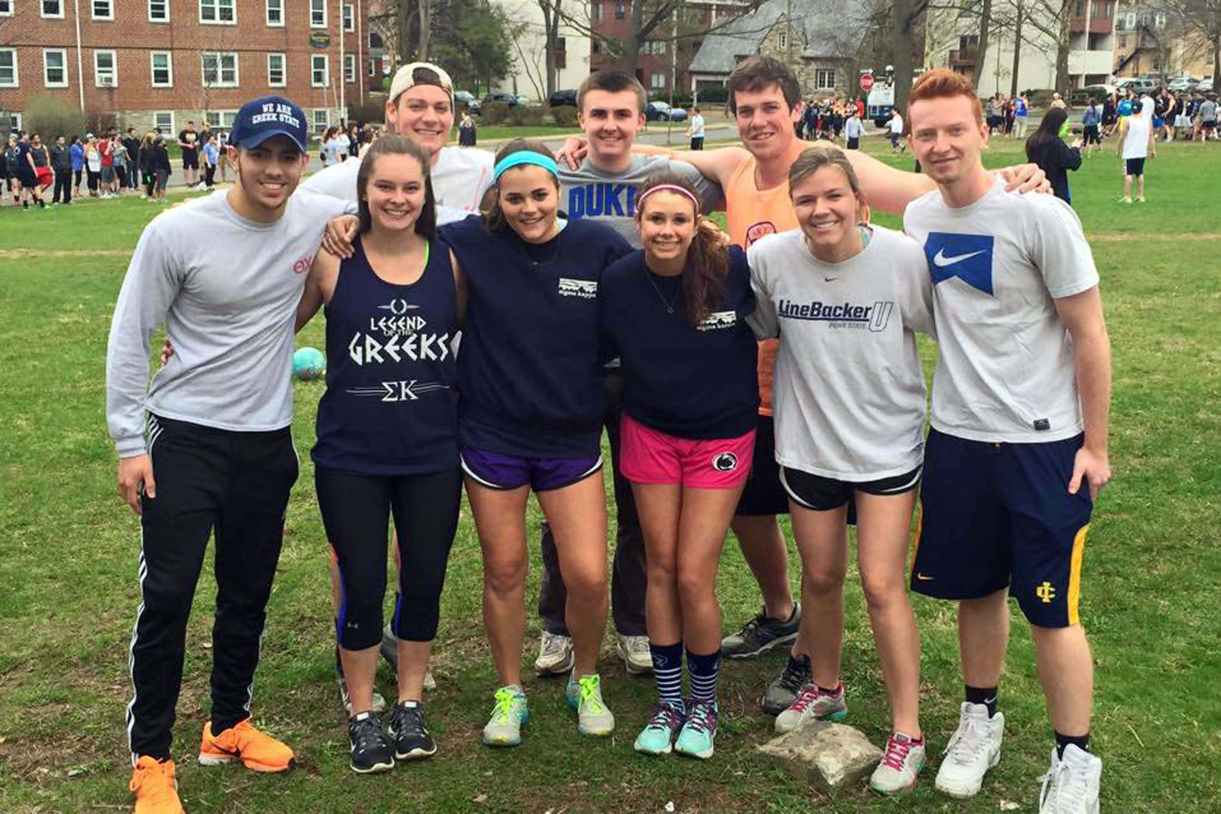 Brothers of Theta Chi, ATO and DLP after kickball for 2015 Greek Week