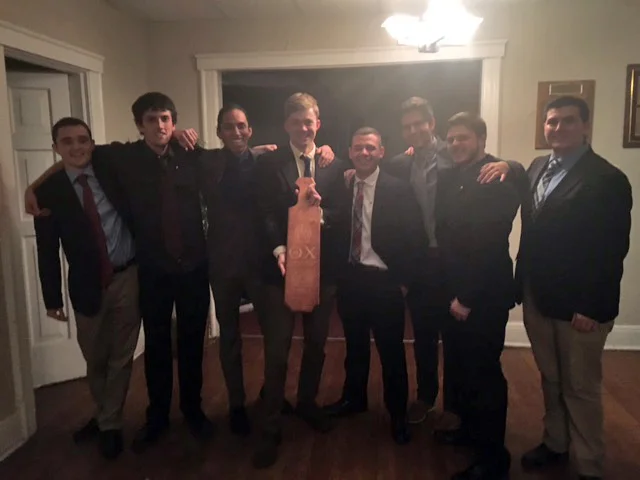  2016 Spring Initiation Night - L to R: Jordan Reed, Steve Gerry, Christian Cruz, pledge marshal, Saif Khalil, Paul D'allesio, Nico Fazzio and Mike Curran 