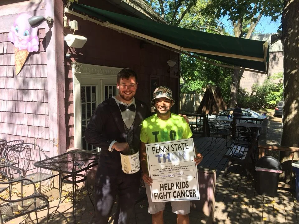  Ryan Gattoni (Tuxedo) and Parth Patel (Neon Shirt) on the last canning trip allowed by THON - Sept. 2017 