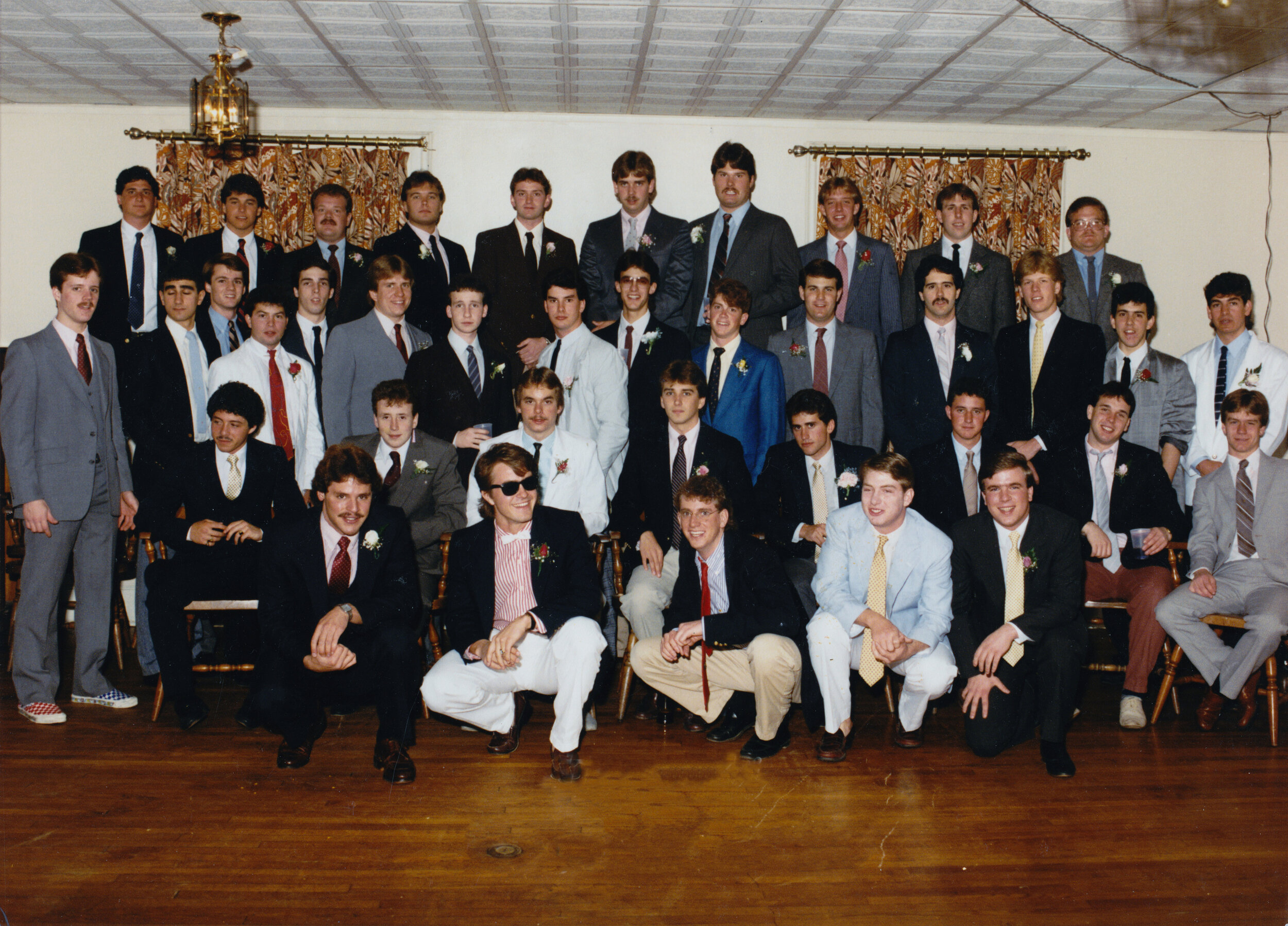  Spring Formal - April 5, 1986Back Row L to R: Bob Dunston, Dave Noll, Louie Martini Jr., John Stagliano, Mike Fagan, Mark Holst, Al Guber, Steve Dodge, Bernie Kachinko, Bob Miller3rd Row L to R: Bob Dockstader Jr., Dave Yohannan, Rick James, Mark Ly