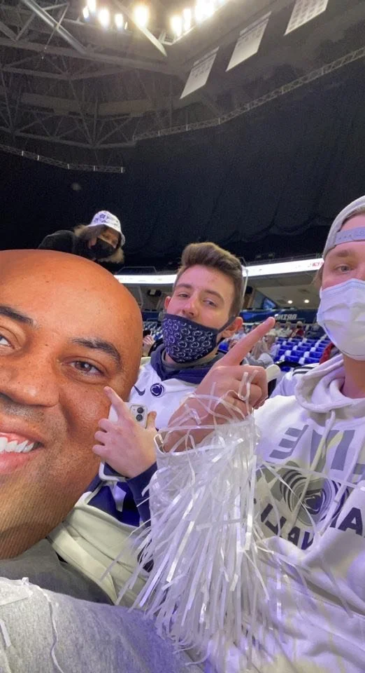  Sping 2022 - (L-R) Coach Shrews fat head sign, Joshua Behler, William James at Bryce Jordan Cetner vs. Michigan 