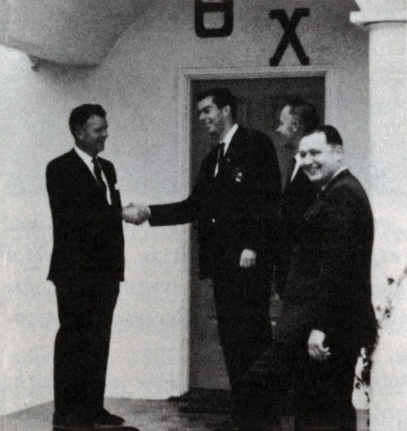 November 19, 1968 - Hal Bartholomew, President of Zeta Xi Chapter, is shown welcoming some of the members of the installation committee to the chapter house: (left to right) Mark McColm, National President; Bartholomew: Harry Anderson, Regional Coun