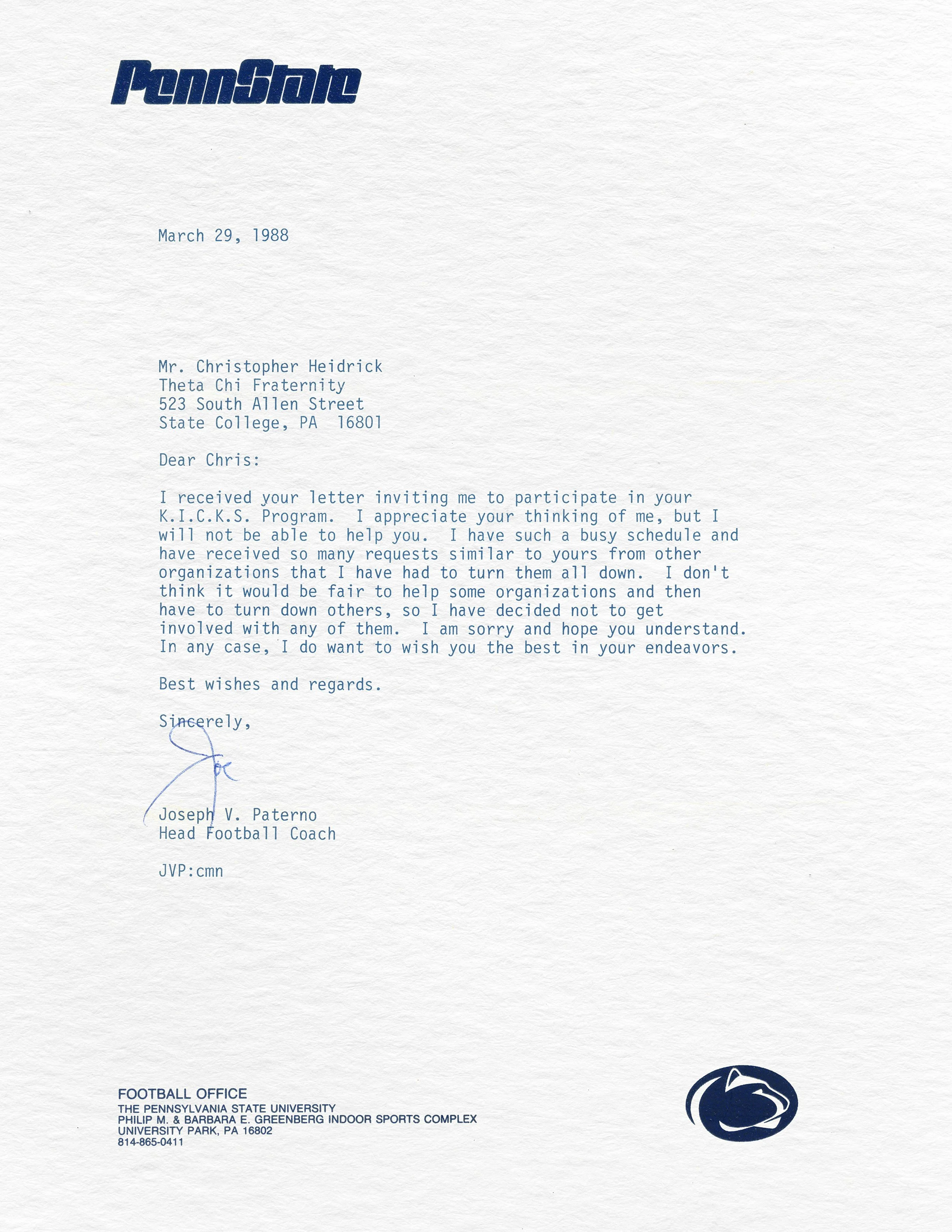 1988 Letter from JoePa about KICKS