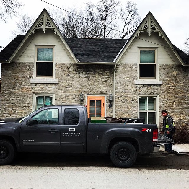 Current repointing project on an interesting carriage house conversion in #picton #pec #princeedwardcounty Note the sketchy individual snooping around the back of the truck #stonemasonry #carriagehouse #repointing #conservation #architecture #craftsm
