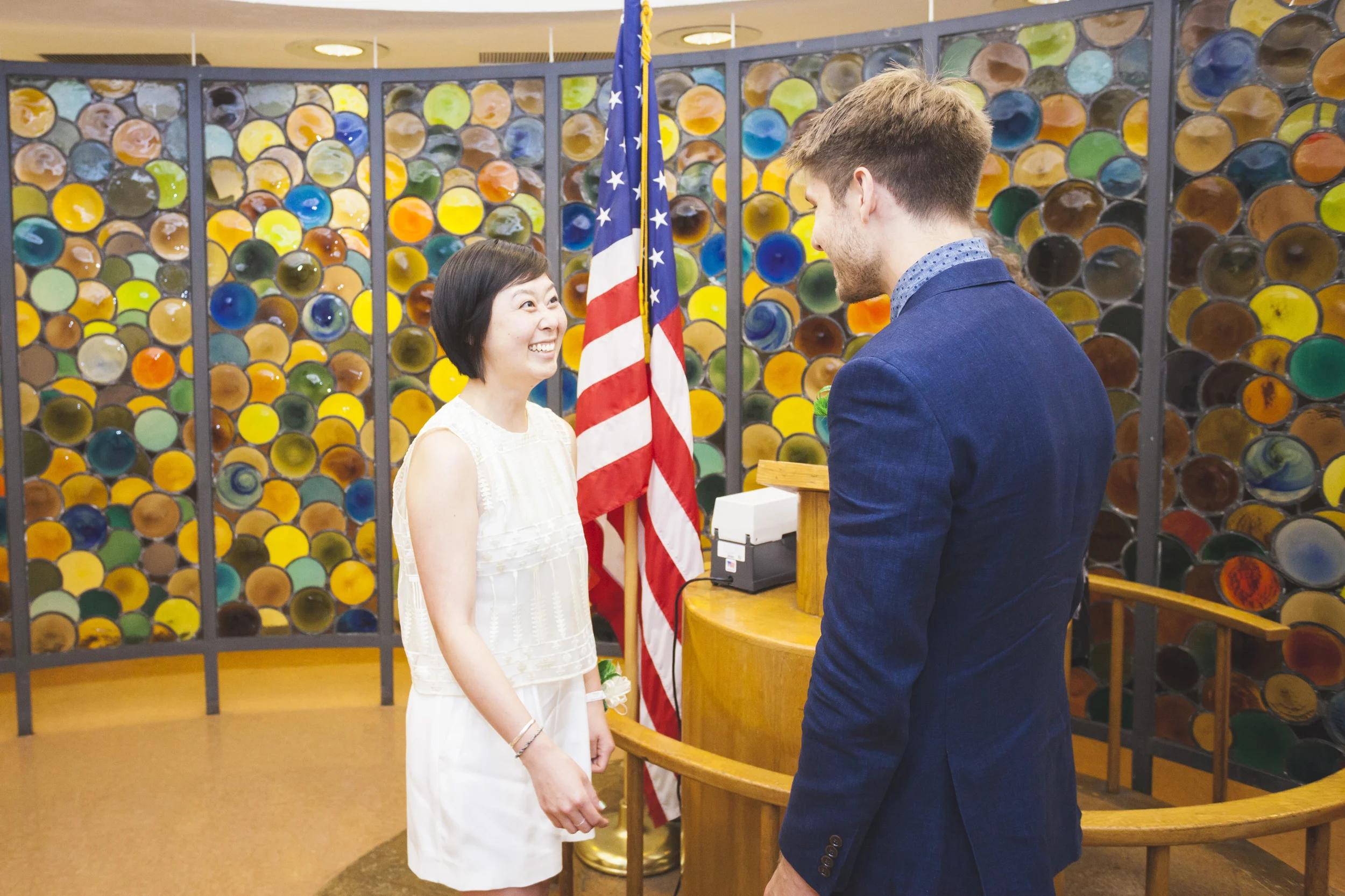 Inside the colourful wedding ceremony room in Brooklyn Borough Hall.