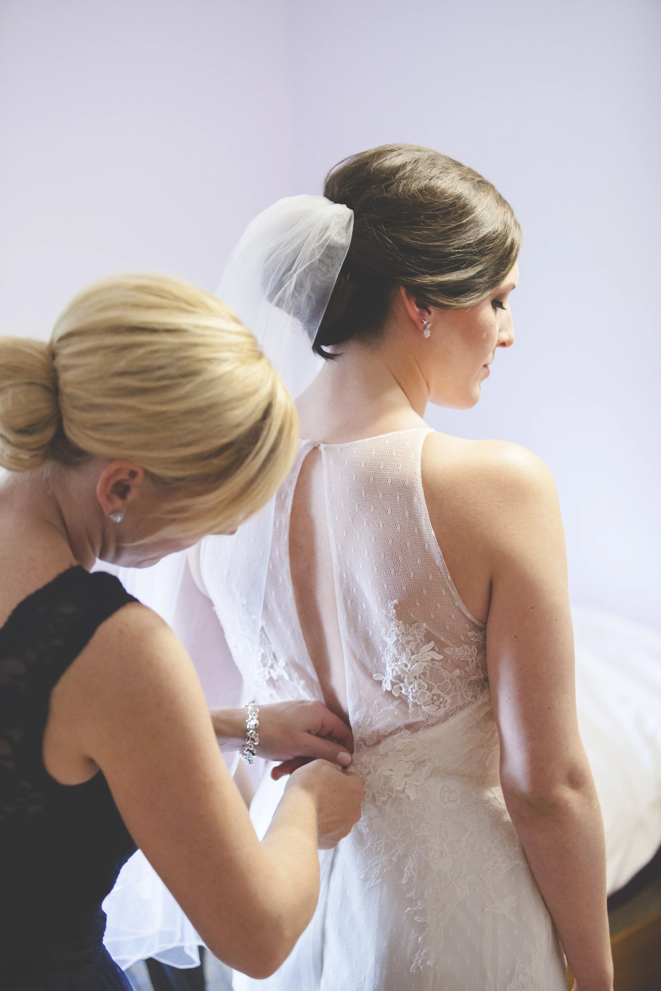 Prepping the lace back of the dress.
