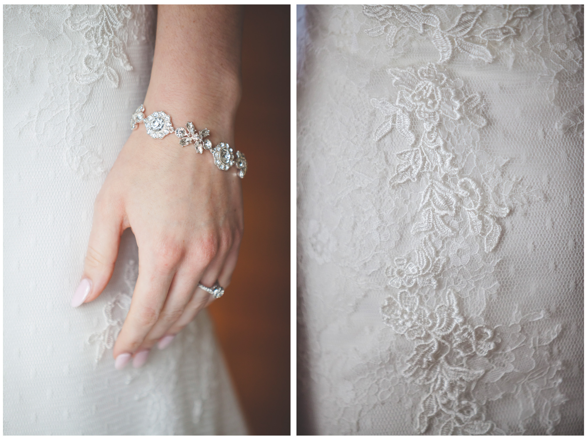 Wedding photography details of the crystal bracelet and dress.