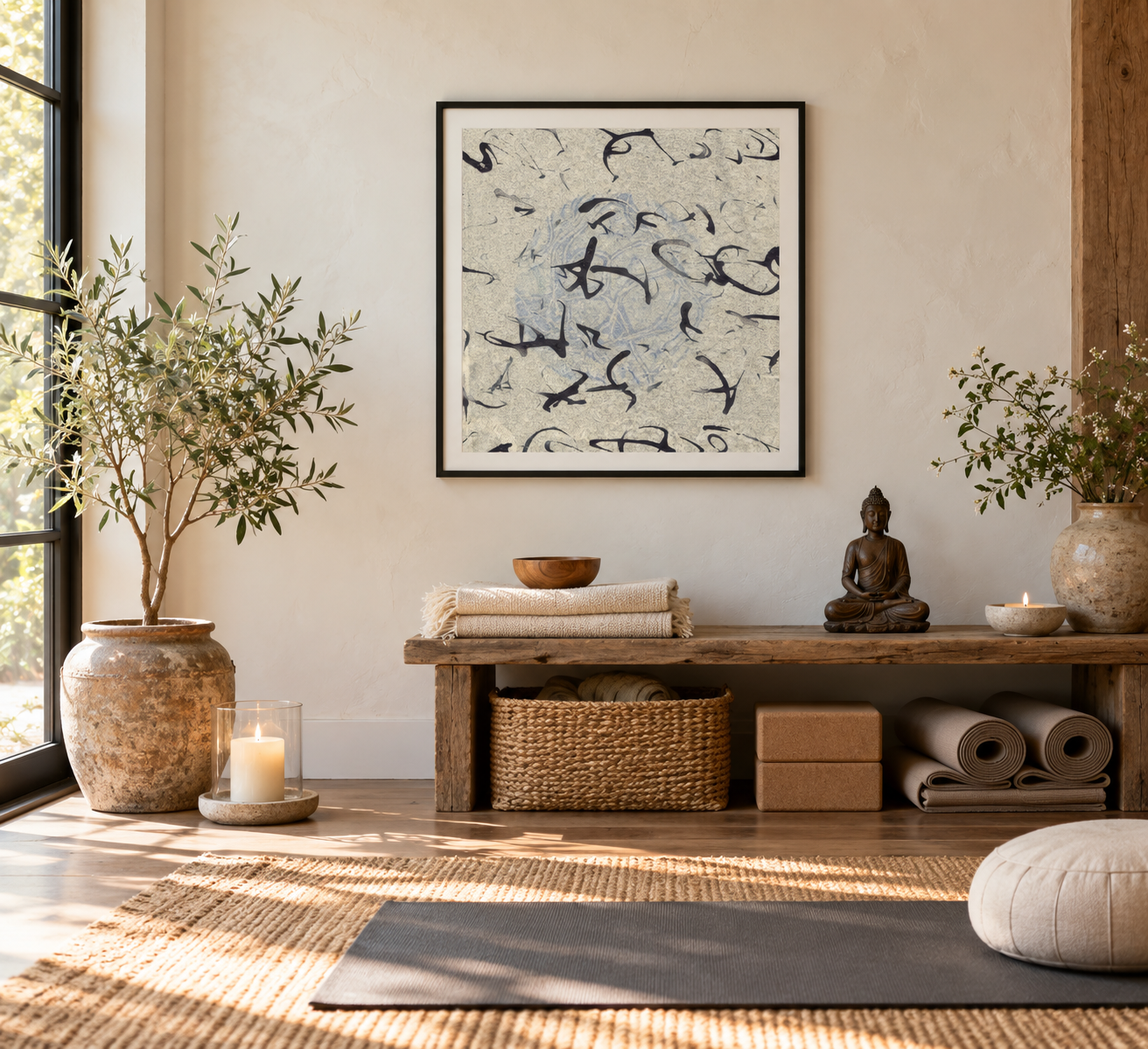 Serene Sunlit Yoga Studio with Abstract Art.png