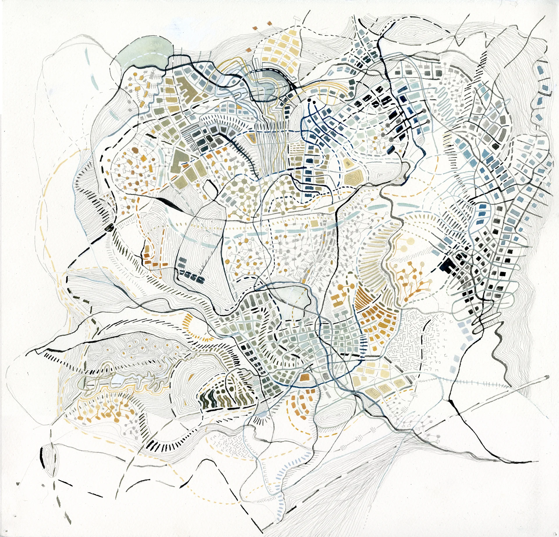 Topography / blue, 2014, walnut ink, pencil, watercolor and gouache on paper 17 x 17.5 inches