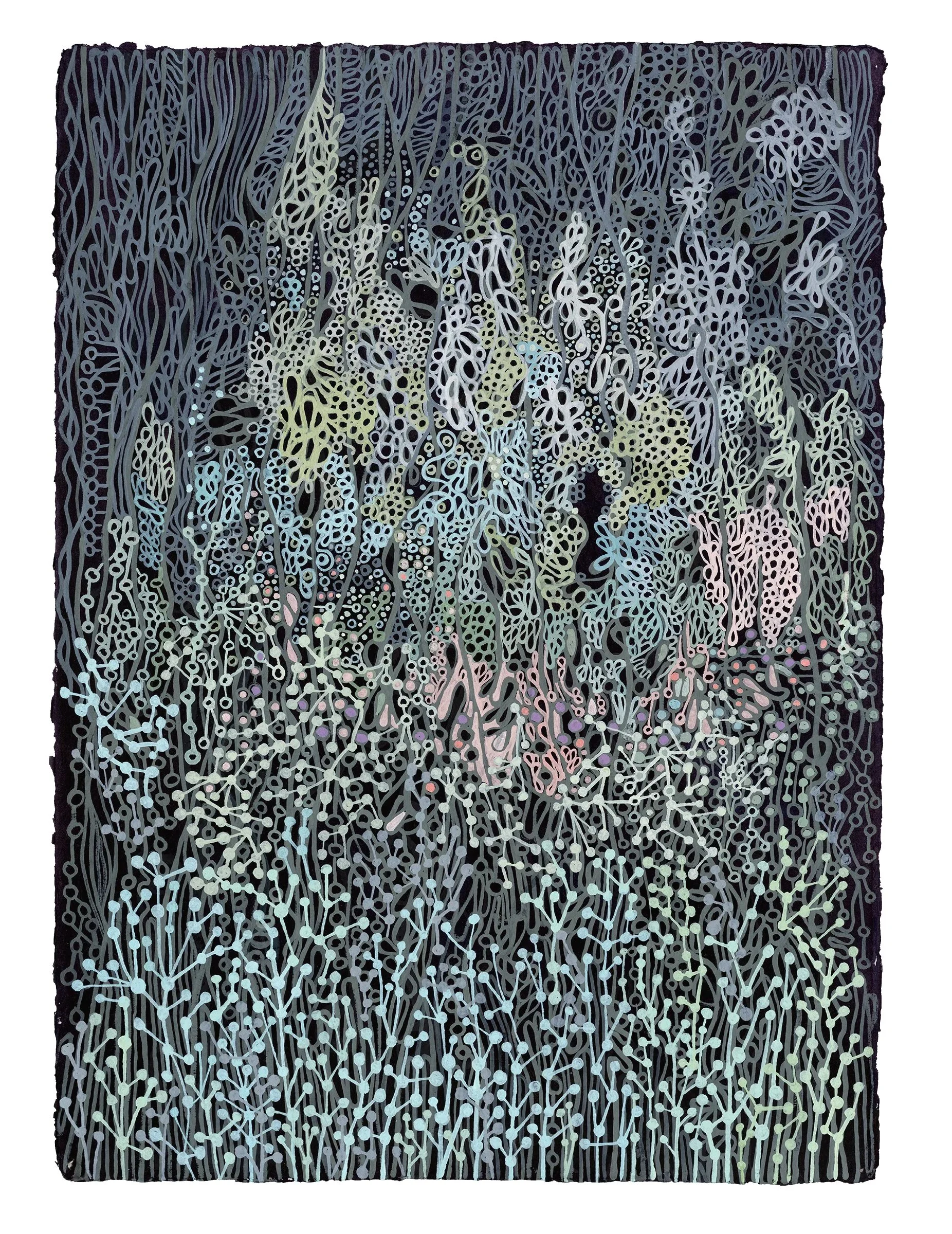 Bubbling up from below, 2025, acrylic on handpainted paper, 22 x 15 inches (Copy)