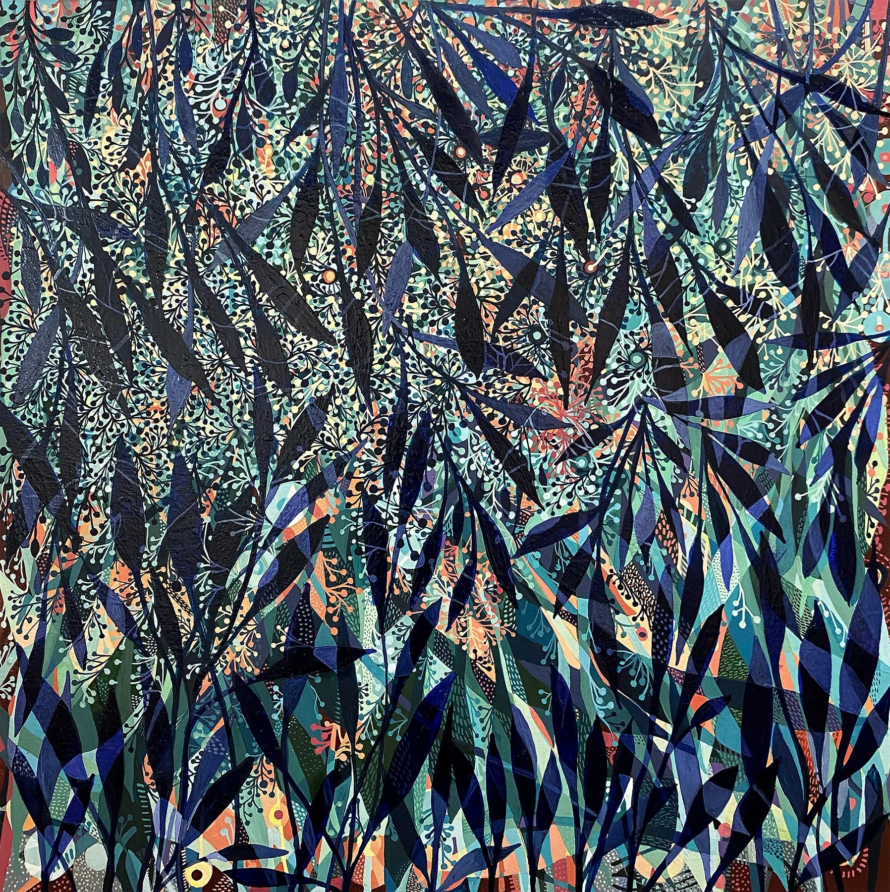 On the way to the sea, 2024, oil and acrylic on wood panel, 18 x 18 inches. Memorial Sloan Kettering Collection.
