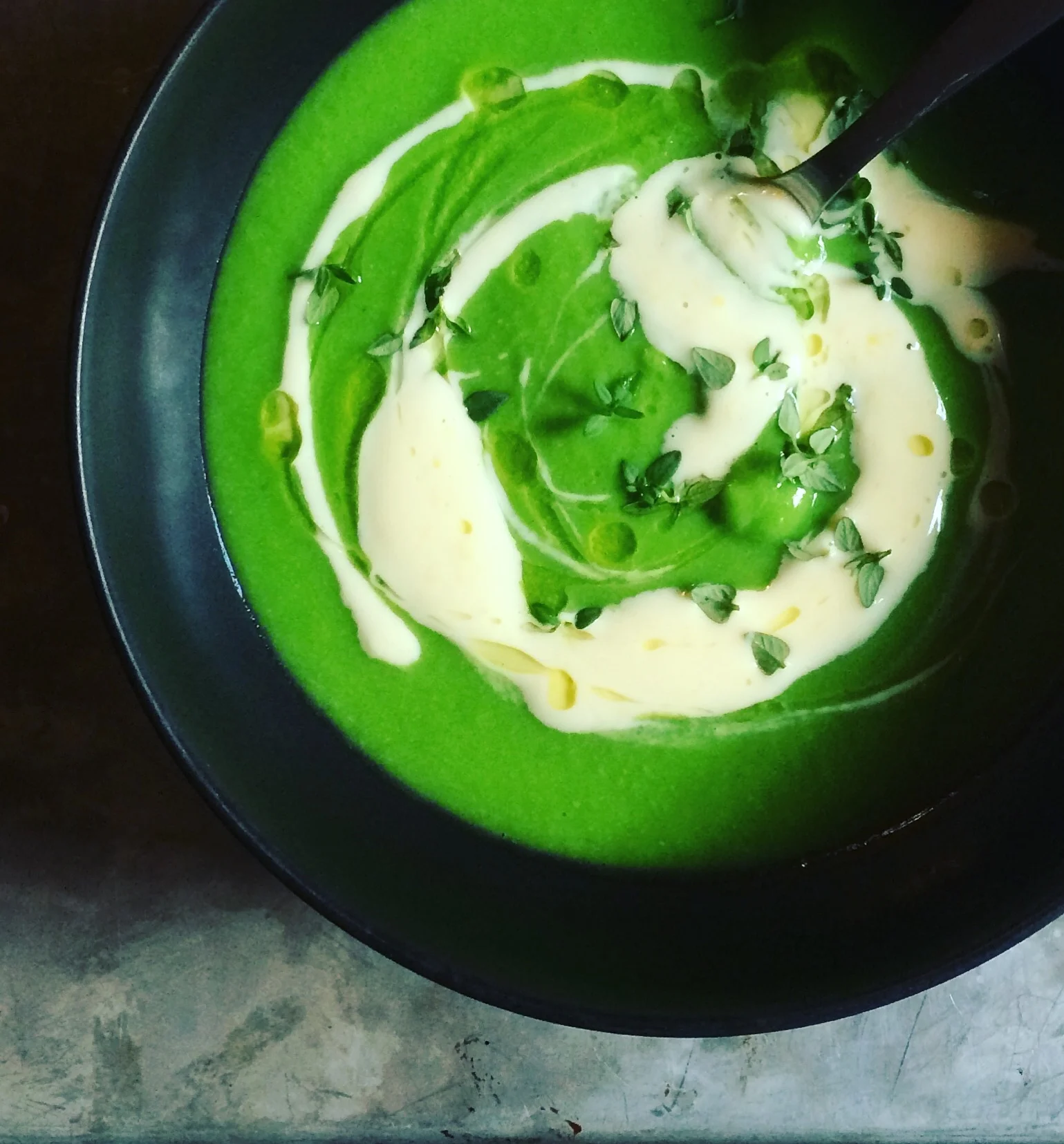 English Spring Pea Soup with Lemon Creme Fraiche