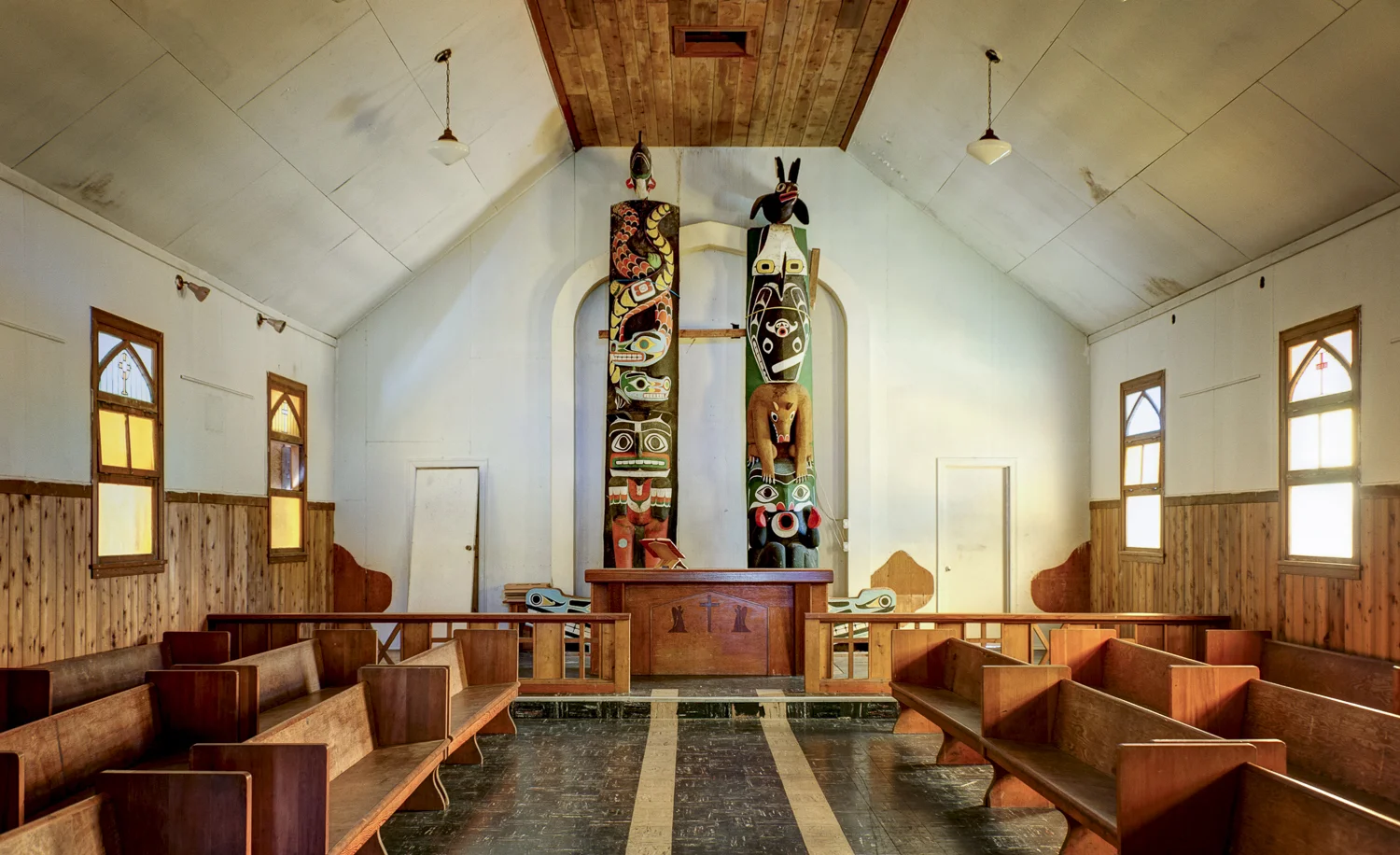 Commemorative stained glass graces the windows