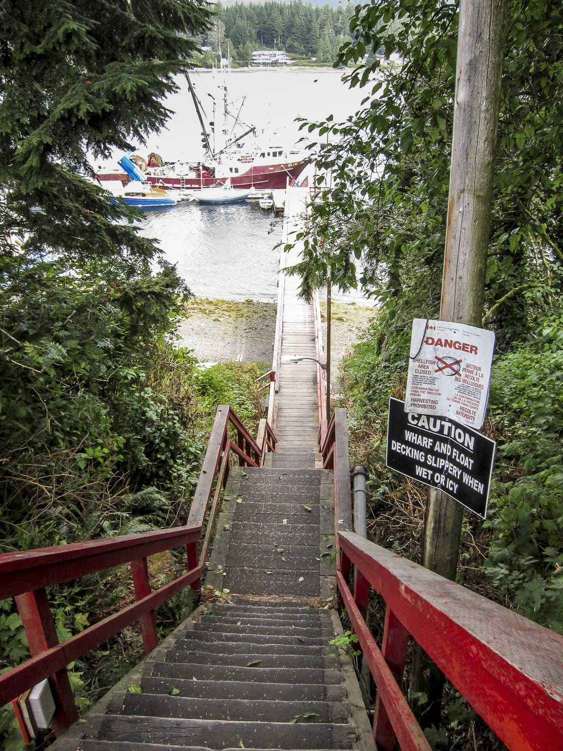 52 steps down to the working docks on the main inlet to Ucluelet