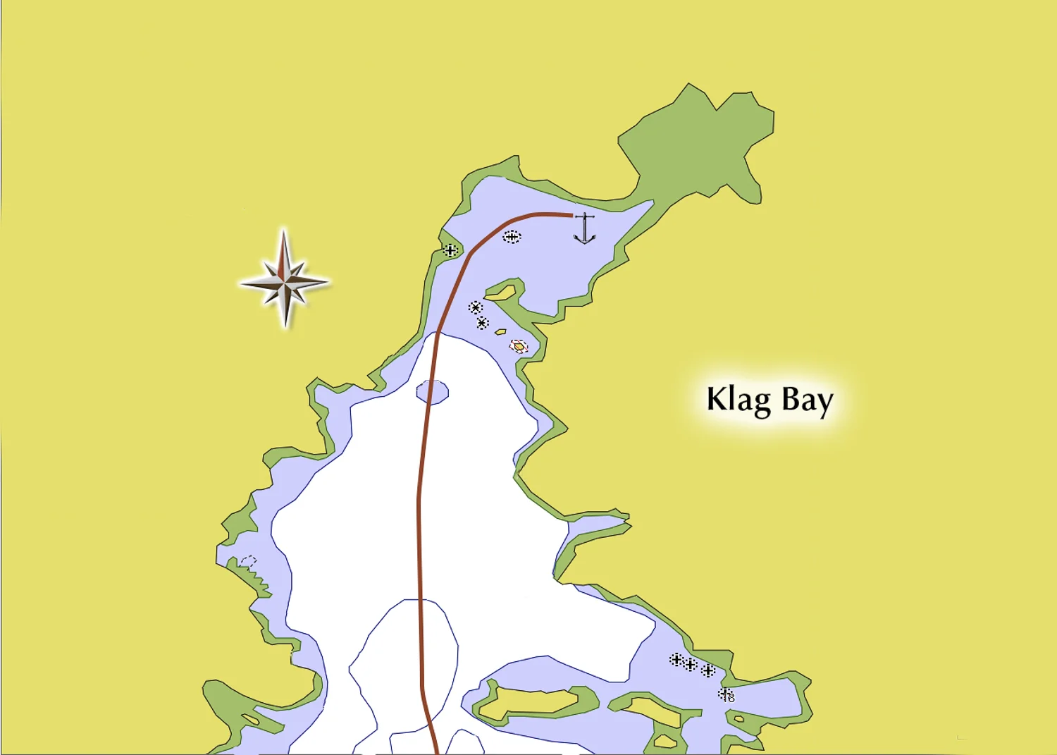 Give the rock and shallows on the west side a respectful distance. NOT FOR NAVIGATION