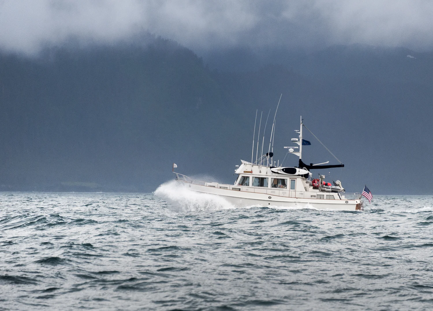 Deception makes her way into the seas rounding Cape Spencer.