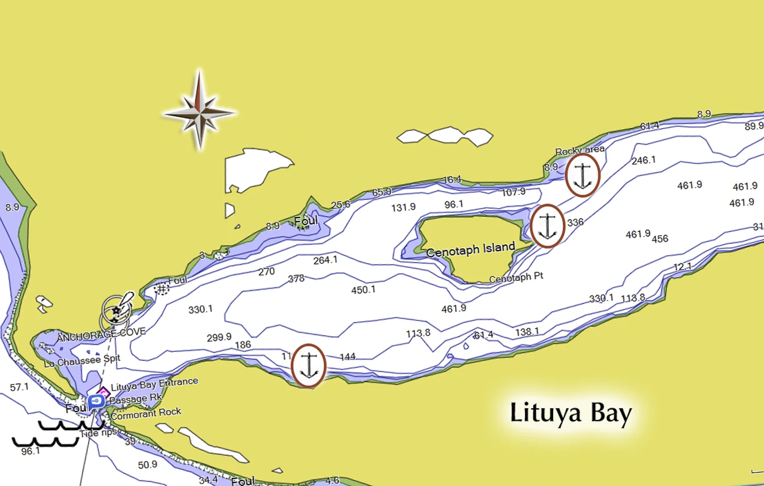 The fleet spread itself among three anchorages in Lituya Bay.