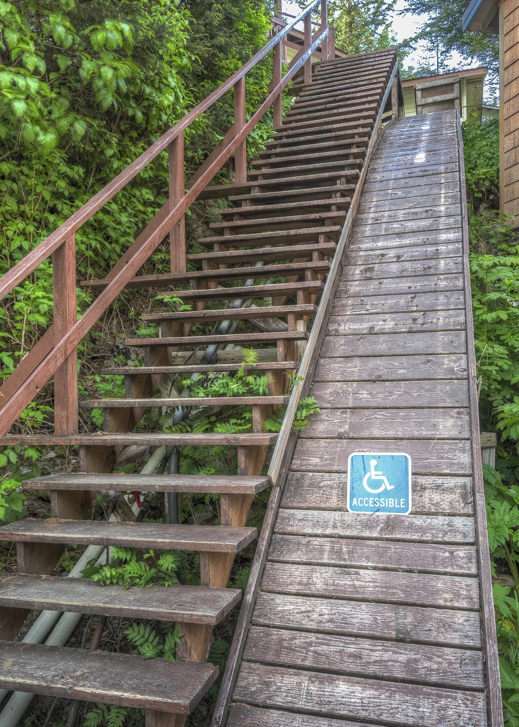 A little Elfin Cove humor. A lot of the "uphill" residences have a cart track alongside the stairs for getting groceries home.