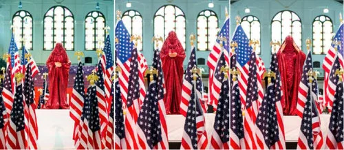 Anida Yoeu Ali's, Red Chador from SF Camerawork's 2016 exhibition Love in the Time of War