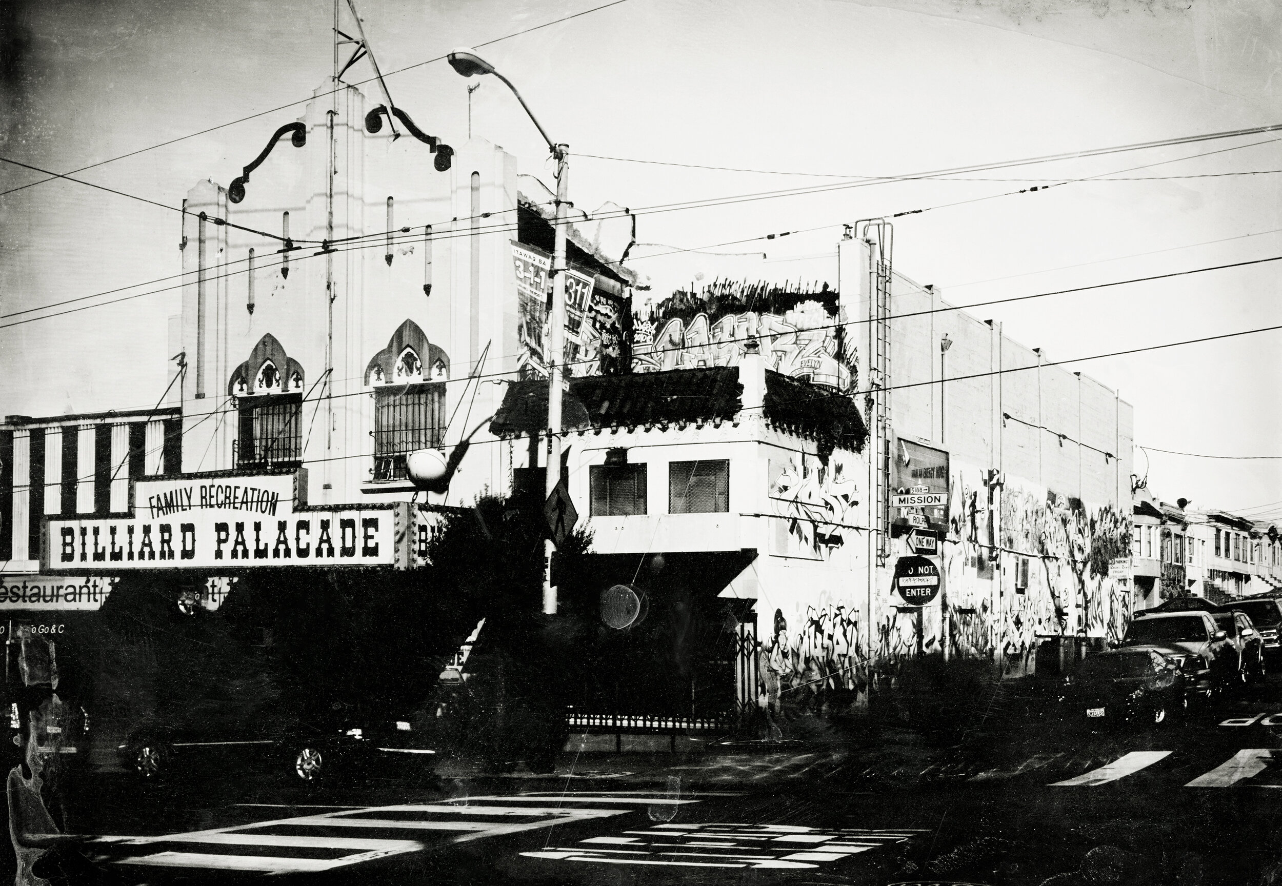   Billiard Palacade, Mission Street , 2015, silver gelatin print from collodion negative 