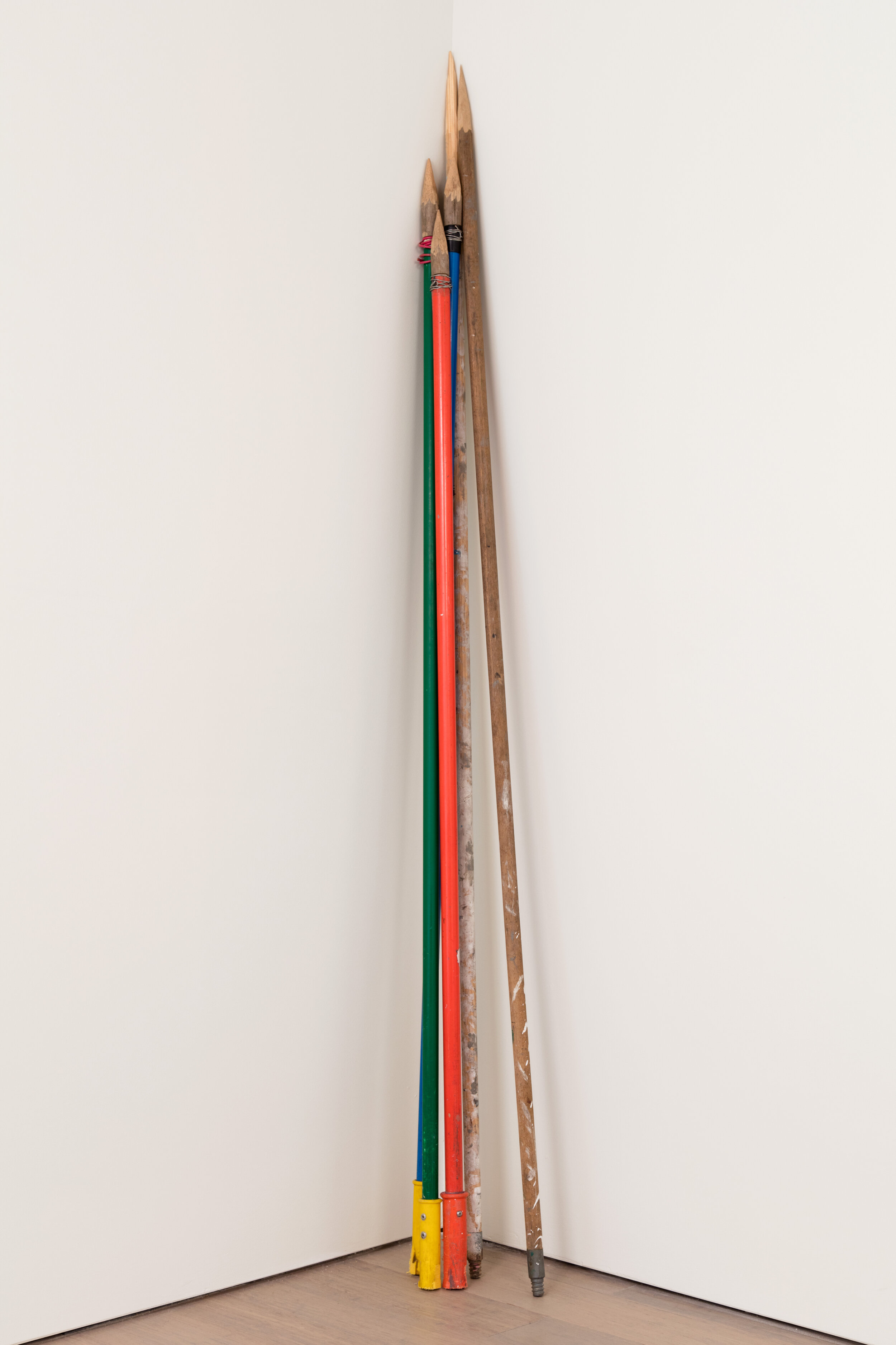   Spears , 2018, reclaimed mop sticks, wire, wood, 65" x 15" x 20" © Orlee Malka studio 